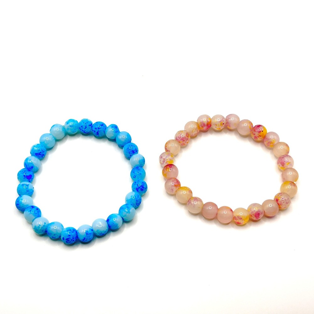 Beaded Stretch Bracelet Set Women OS Blue Pink Floral Accents Boho Jewelry Gift